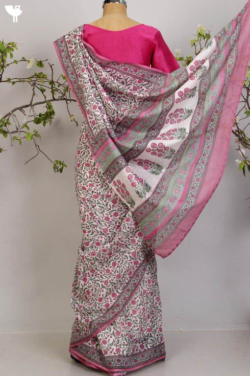 Kota Doria Saree in a Pink Floral Hand Block Print